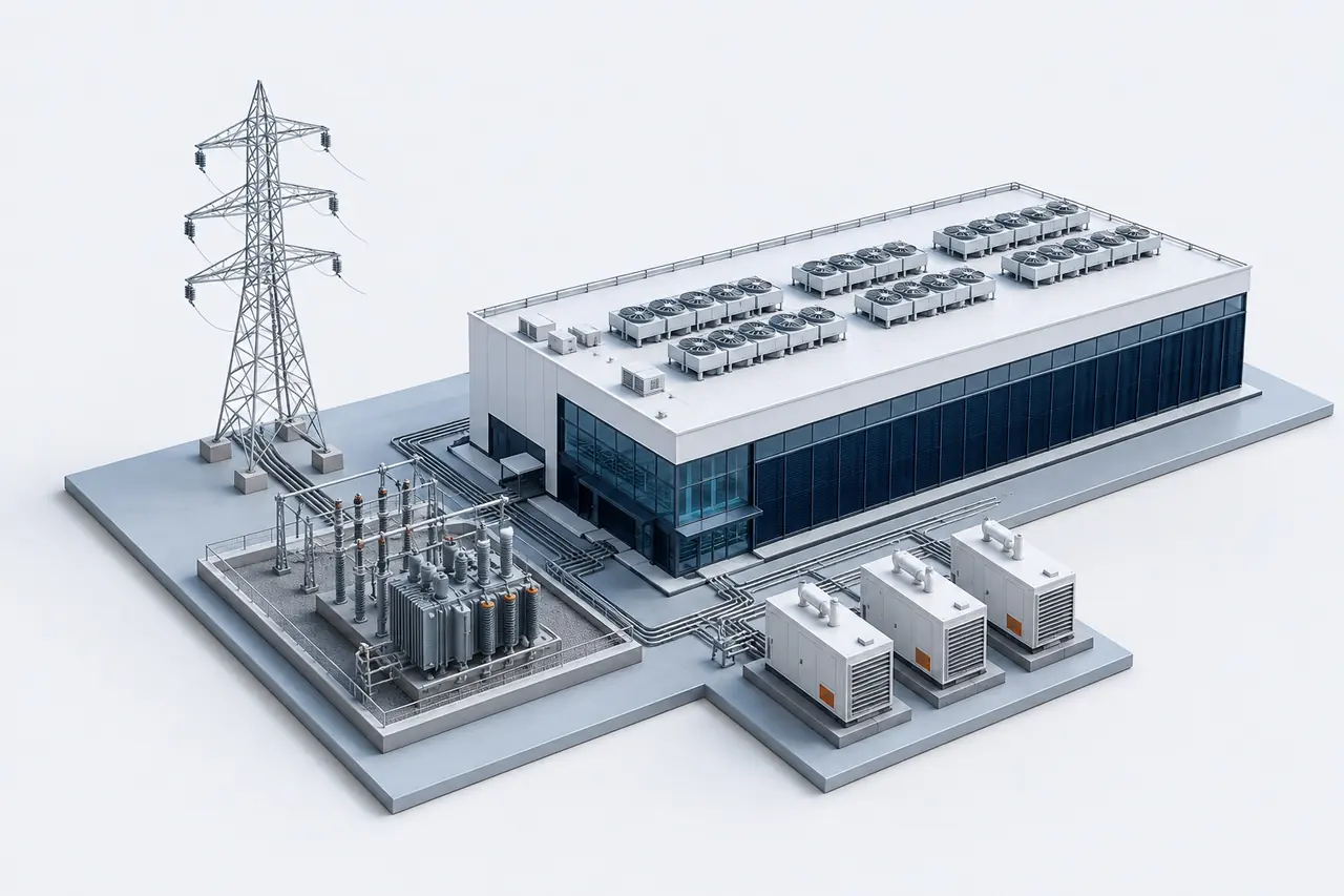 Architectural illustration of a data-centre campus, connected to transformers, standby power and the electricity grid.